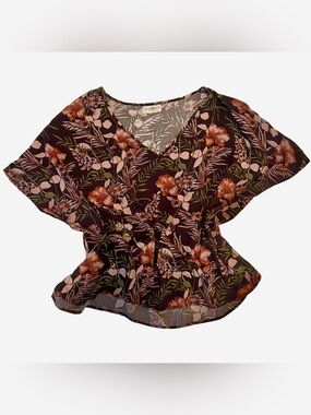 NATURAL LIFE Brown Floral V-Neck Peplum Blouse